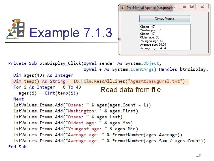 Example 7. 1. 3 Read data from file 40 