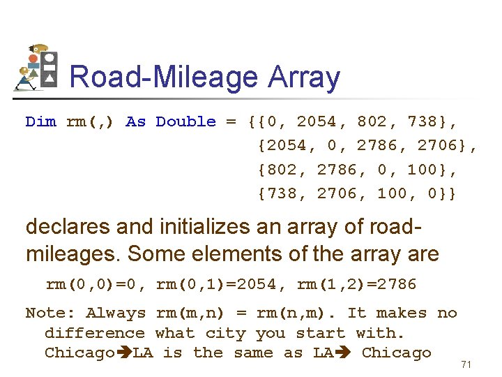 Road-Mileage Array Dim rm(, ) As Double = {{0, 2054, 802, 738}, {2054, 0,