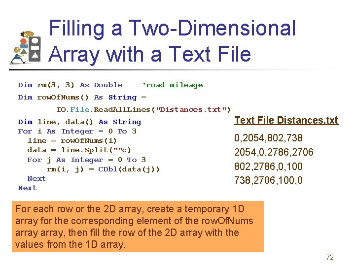 Filling a Two-Dimensional Array with a Text File Dim rm(3, 3) As Double 'road