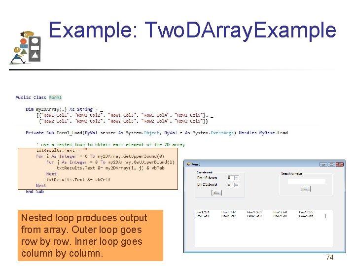 Example: Two. DArray. Example Nested loop produces output from array. Outer loop goes row