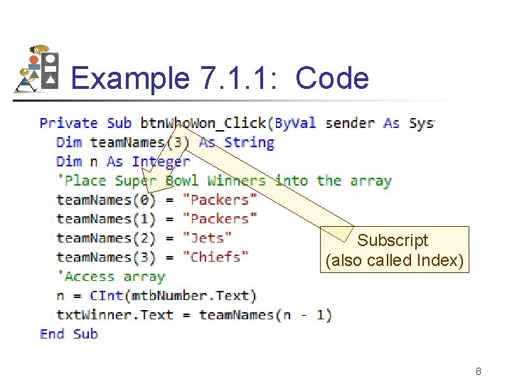 Example 7. 1. 1: Code Subscript (also called Index) 8 