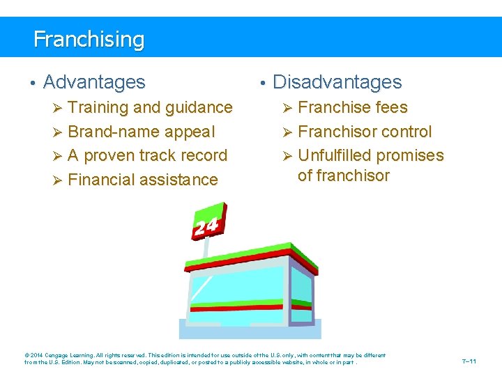 Franchising • Advantages Ø Training and guidance Ø Brand-name appeal Ø A proven track