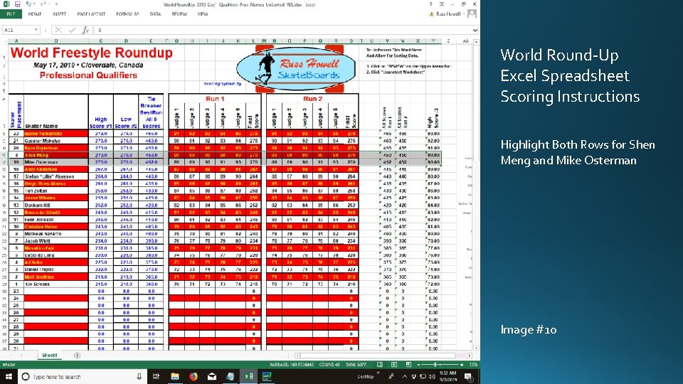 World Round-Up Excel Spreadsheet Scoring Instructions Highlight Both Rows for Shen Meng and Mike