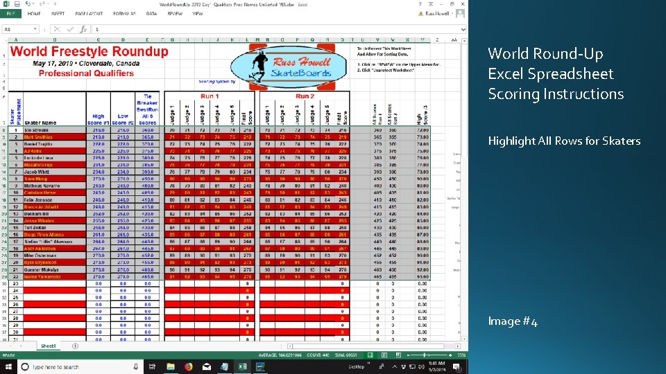 World Round-Up Excel Spreadsheet Scoring Instructions Highlight All Rows for Skaters Image #4 