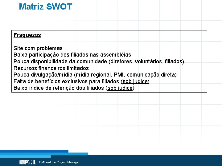 Matriz SWOT Fraquezas Site com problemas Baixa participação dos filiados nas assembléias Pouca disponibilidade