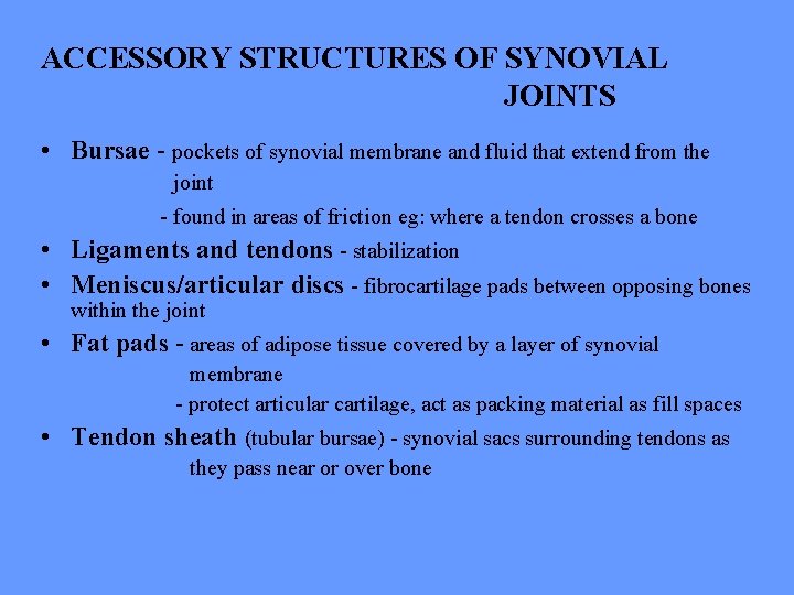 ACCESSORY STRUCTURES OF SYNOVIAL JOINTS • Bursae - pockets of synovial membrane and fluid