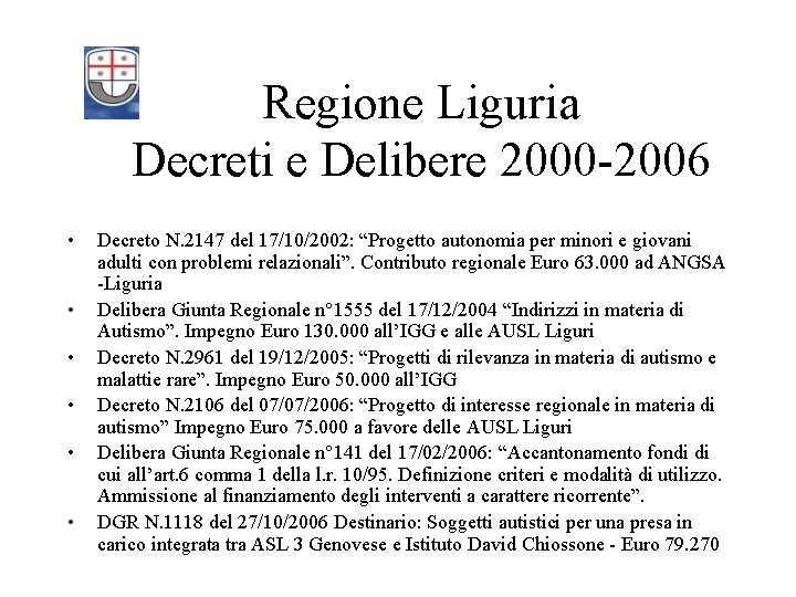 Regione Liguria Decreti e Delibere 2000 -2006 • • • Decreto N. 2147 del