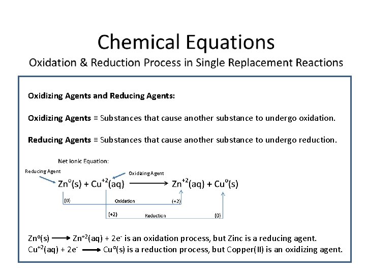 Oxidizing Agents and Reducing Agents: Oxidizing Agents ≡ Substances that cause another substance to