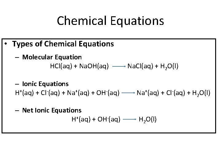 Chemical Equations • Types of Chemical Equations – Molecular Equation HCl(aq) + Na. OH(aq)