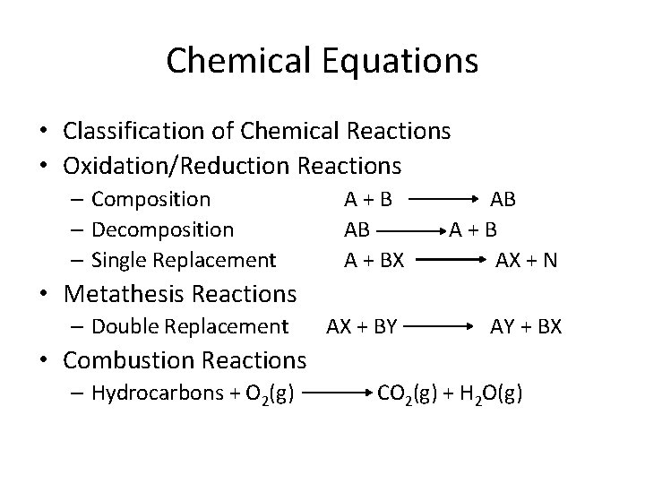Chemical Equations • Classification of Chemical Reactions • Oxidation/Reduction Reactions – Composition – Decomposition