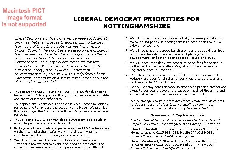 LIBERAL DEMOCRAT PRIORITIES FOR NOTTINGHAMSHIRE Liberal Democrats in Nottinghamshire have produced 10 priorities that