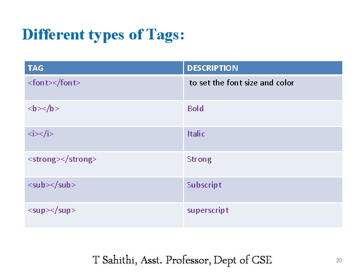 Different types of Tags: TAG DESCRIPTION <font></font> to set the font size and color