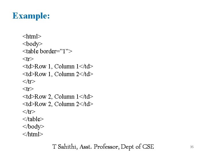 Example: <html> <body> <table border=” 1”> <tr> <td>Row 1, Column 1</td> <td>Row 1, Column