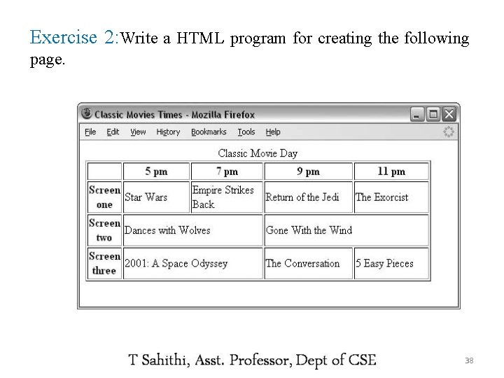 Exercise 2: Write a HTML program for creating the following page. 38 