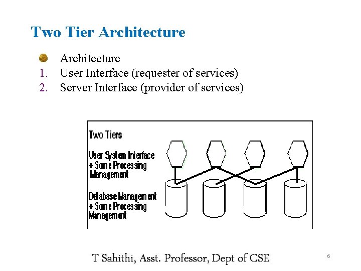 Two Tier Architecture 1. User Interface (requester of services) 2. Server Interface (provider of