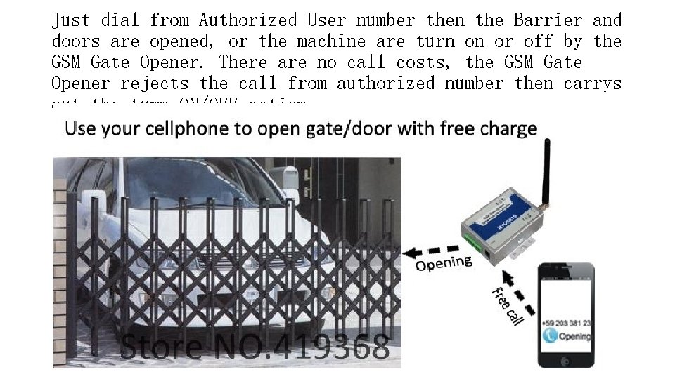 Just dial from Authorized User number then the Barrier and doors are opened, or