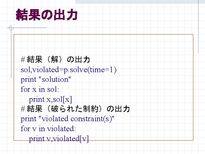 結果の出力 # 結果(解)の出力 sol, violated=p. solve(time=1) print "solution" for x in sol: print x, 結果の出力 # 結果(解)の出力 sol, violated=p. solve(time=1) print "solution" for x in sol: print x,