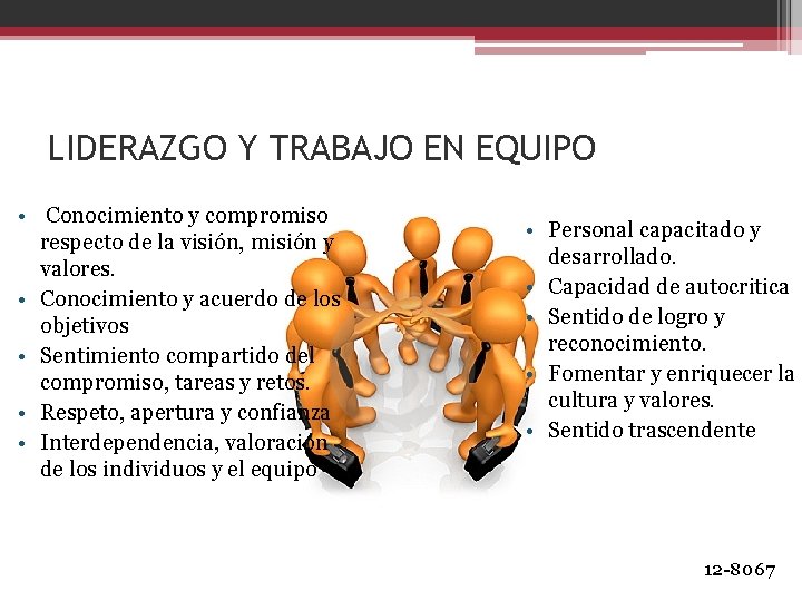 LIDERAZGO Y TRABAJO EN EQUIPO • Conocimiento y compromiso respecto de la visión, misión
