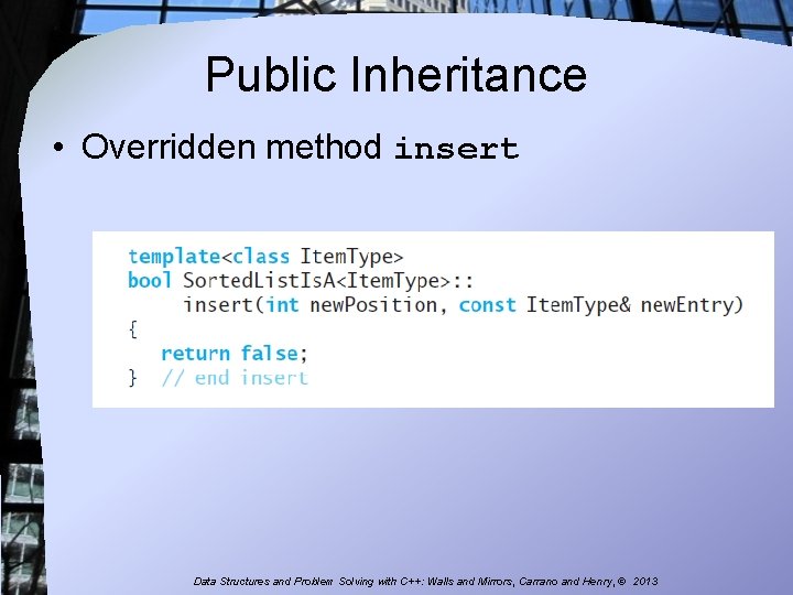 Public Inheritance • Overridden method insert Data Structures and Problem Solving with C++: Walls