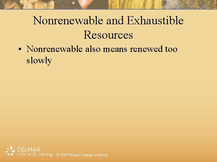 Nonrenewable and Exhaustible Resources • Nonrenewable also means renewed too slowly © 2009 Delmar,