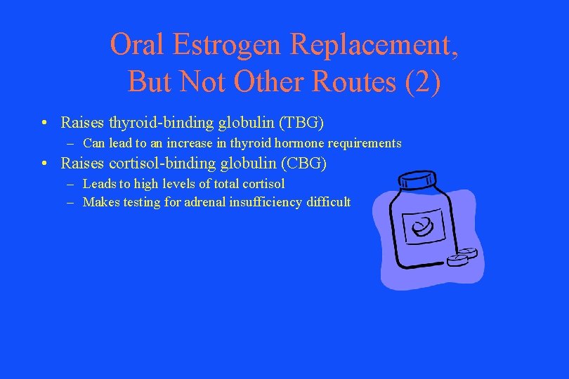 Oral Estrogen Replacement, But Not Other Routes (2) • Raises thyroid-binding globulin (TBG) –