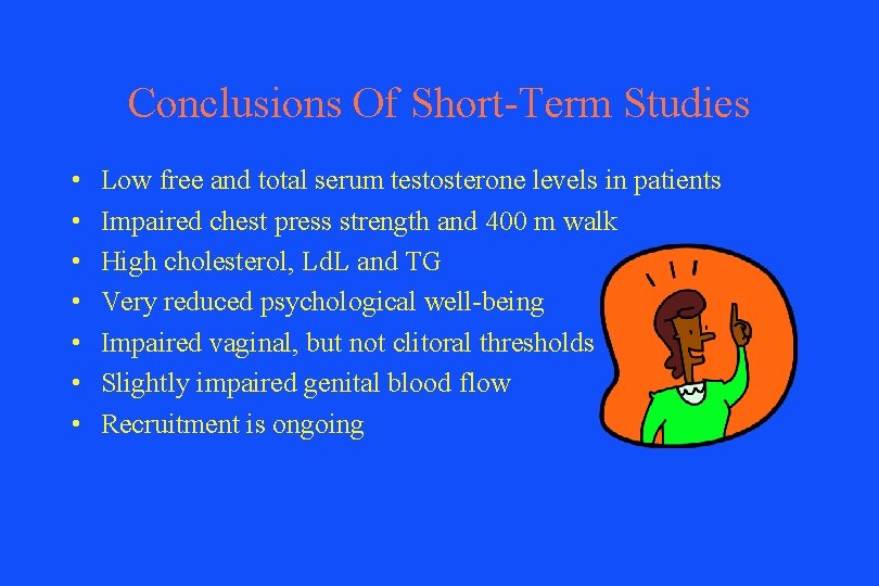 Conclusions Of Short-Term Studies • • Low free and total serum testosterone levels in