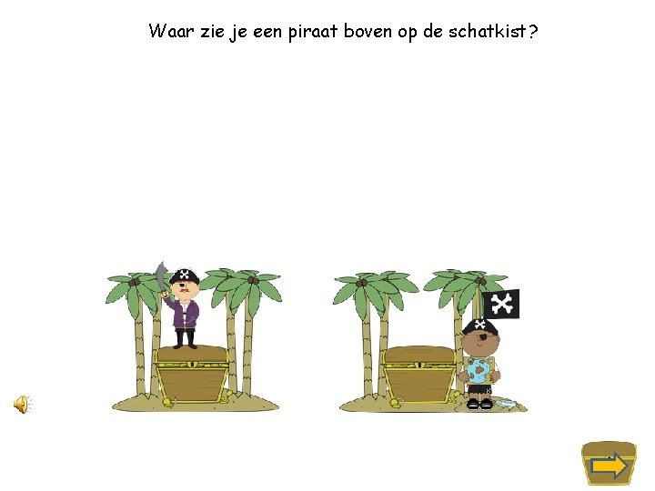 Waar zie je een piraat boven op de schatkist? 
