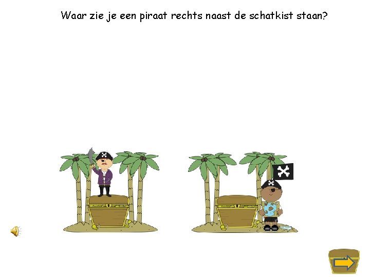 Waar zie je een piraat rechts naast de schatkist staan? 