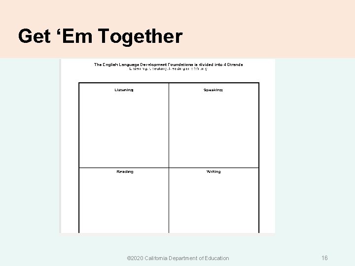 Get ‘Em Together © 2020 California Department of Education 16 