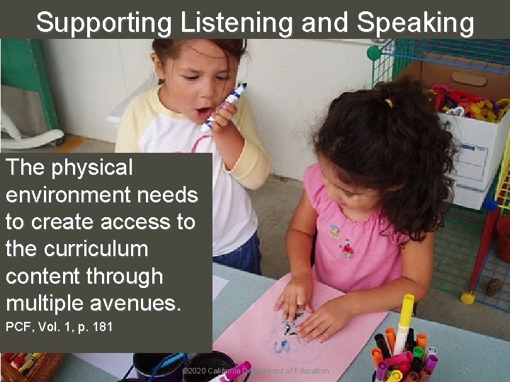 Supporting Listening and Speaking The physical environment needs to create access to the curriculum