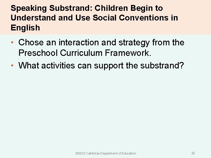 Speaking Substrand: Children Begin to Understand Use Social Conventions in English • Chose an