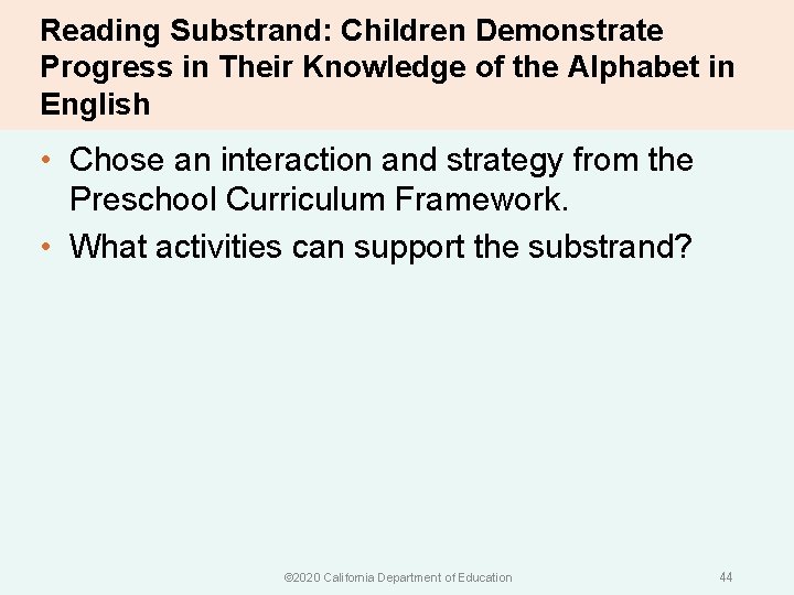 Reading Substrand: Children Demonstrate Progress in Their Knowledge of the Alphabet in English •