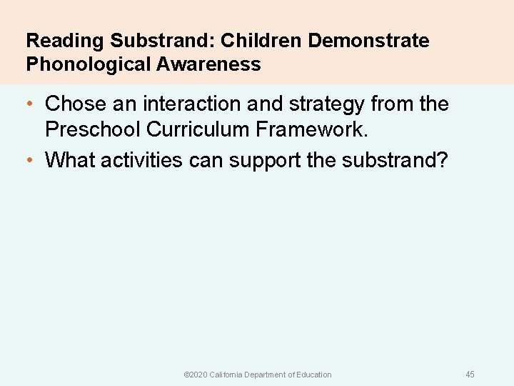Reading Substrand: Children Demonstrate Phonological Awareness • Chose an interaction and strategy from the