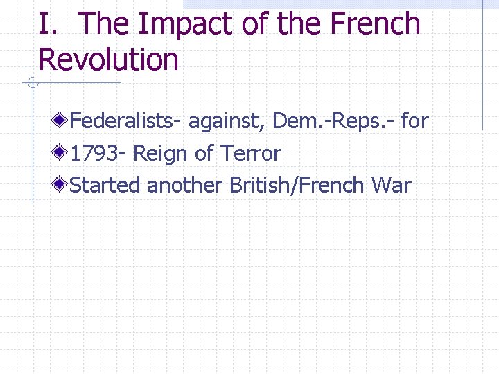 I. The Impact of the French Revolution Federalists- against, Dem. -Reps. - for 1793 I. The Impact of the French Revolution Federalists- against, Dem. -Reps. - for 1793