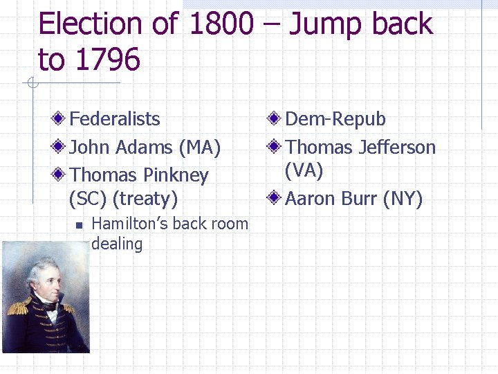 Election of 1800 – Jump back to 1796 Federalists John Adams (MA) Thomas Pinkney Election of 1800 – Jump back to 1796 Federalists John Adams (MA) Thomas Pinkney