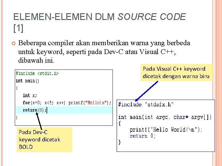 ELEMEN-ELEMEN DLM SOURCE CODE [1] Beberapa compiler akan memberikan warna yang berbeda untuk keyword,