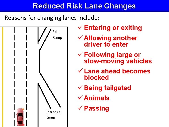 Reduced Risk Lane Changes Reasons for changing lanes include: Exit Ramp Entrance Ramp ü