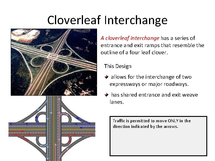 Cloverleaf Interchange A cloverleaf interchange has a series of entrance and exit ramps that