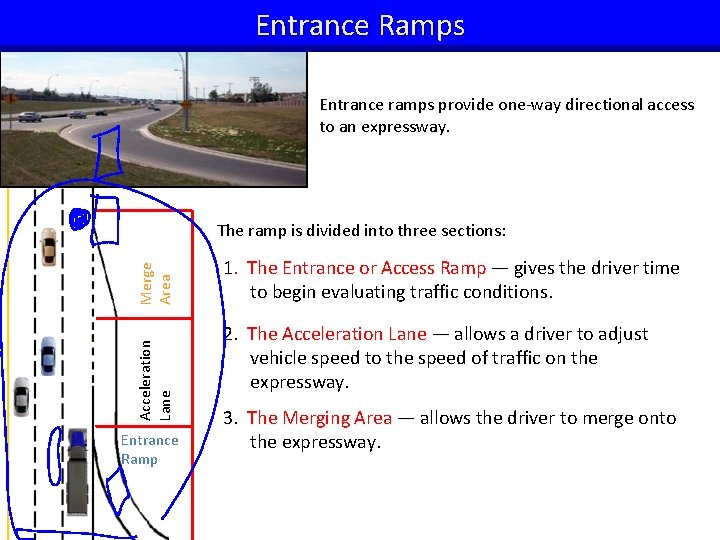 Entrance Ramps Entrance ramps provide one-way directional access to an expressway. Acceleration Lane Merge