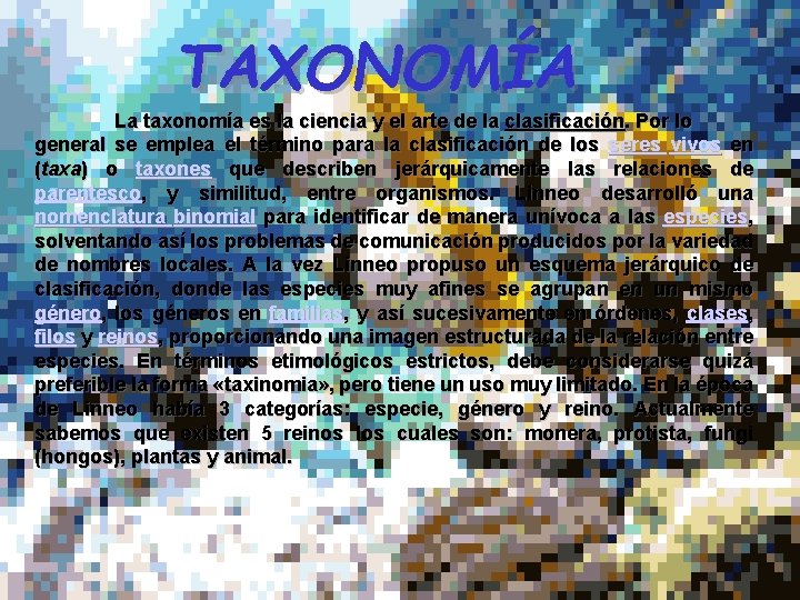 TAXONOMÍA La taxonomía es la ciencia y el arte de la clasificación. Por lo