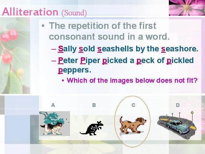 Alliteration (Sound) • The repetition of the first consonant sound in a word. –
