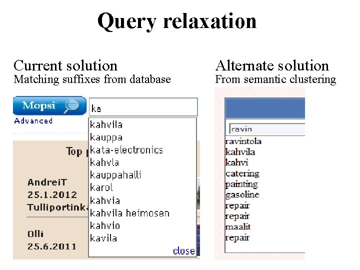 Query relaxation Current solution Matching suffixes from database Alternate solution From semantic clustering 