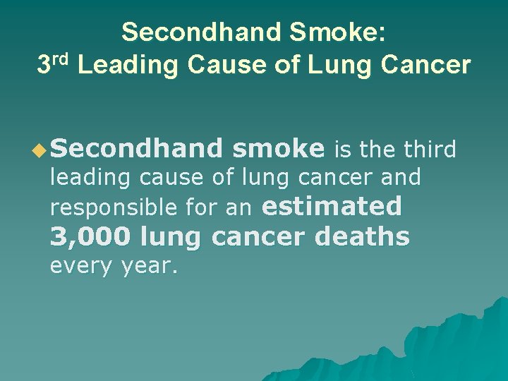 Secondhand Smoke: 3 rd Leading Cause of Lung Cancer u Secondhand smoke is the