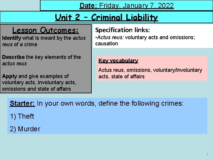 Date: Friday, January 7, 2022 Unit 2 – Criminal Liability Lesson Outcomes: Identify what