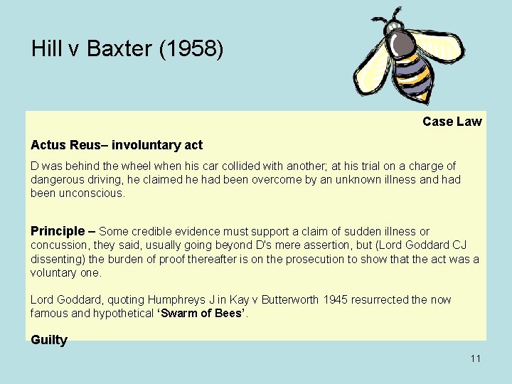 Hill v Baxter (1958) Case Law Actus Reus– involuntary act D was behind the