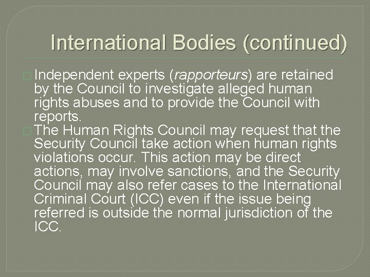 International Bodies (continued) � Independent experts (rapporteurs) are retained by the Council to investigate