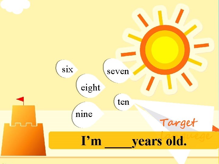six seven 单击此处编辑母版标题样式 eight 单击此处编辑母版副标题样式 ten nine Target languege I’m ____years old. 