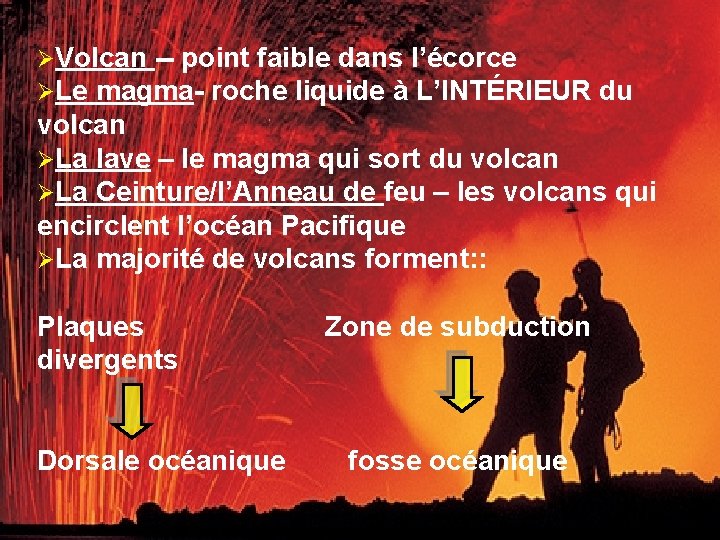 ØVolcan point faible dans l’écorce ØLe magma roche liquide à L’INTÉRIEUR du volcan ØLa