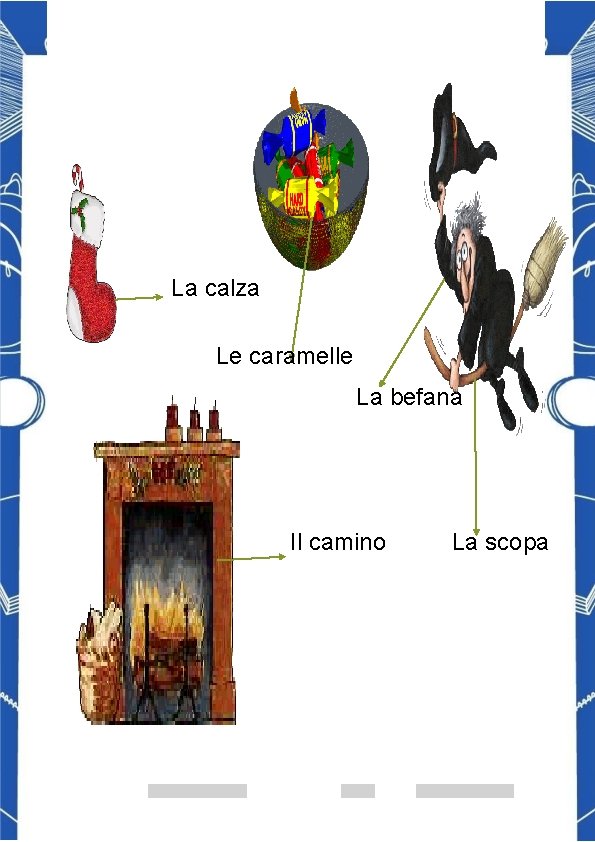 La calza Le caramelle La befana Il camino La scopa 
