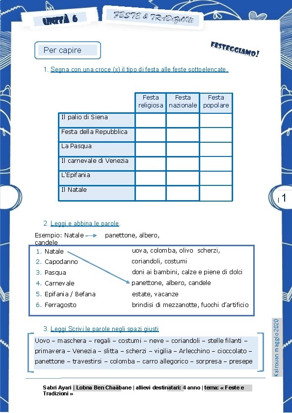 Per capire 1. Segna con una croce (x) il tipo di festa alle feste